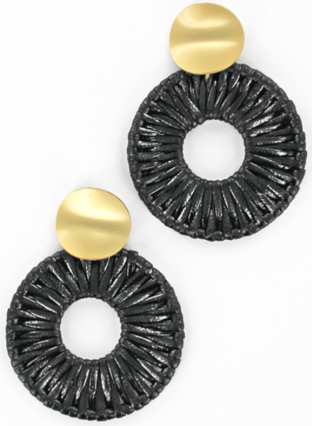 BLACK ROUND LEATHER BRAIDED EARRING