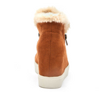Load image into Gallery viewer, WEDGE FAUX FUR TRIM SNEAKER - SADDLE

