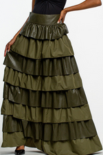 Load image into Gallery viewer, FAUX LEATHERED OLIVE MAXI SKIRT
